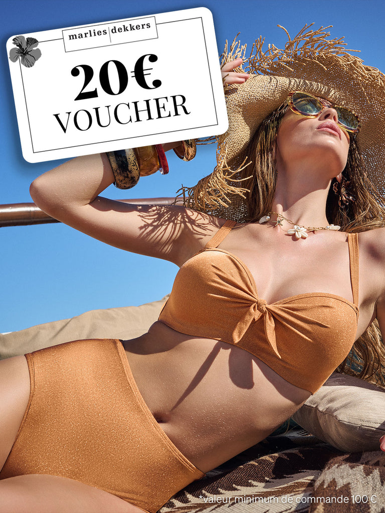 Woman in a bikini lying on a beach with a 20€ voucher overlay.