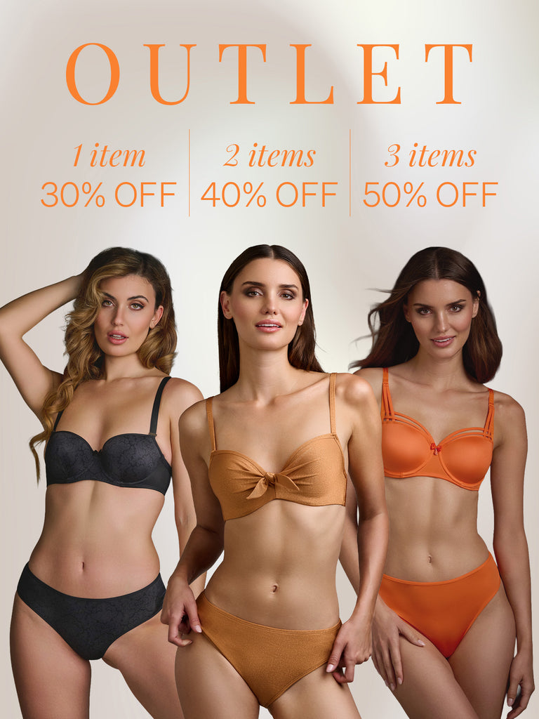 Three women modeling in lingerie and swimwear sets in black, gold and orange against a light beige background, with large orange text reading 'OUTLET'
