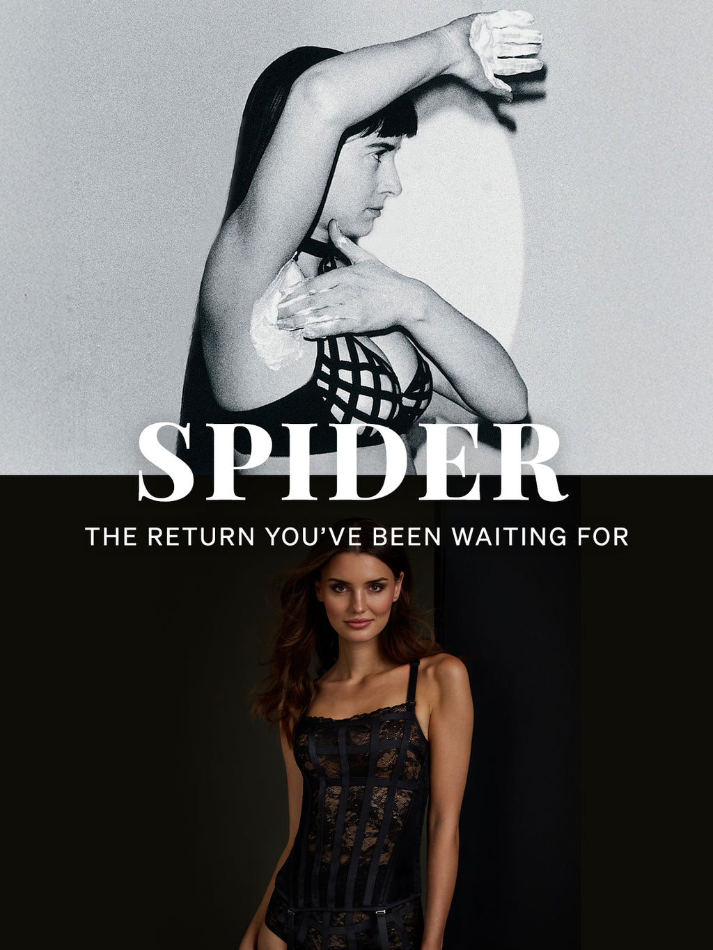 Black and white advertisement for 'Spider' with a woman wearing the new Spider corset of Marlies Dekkers