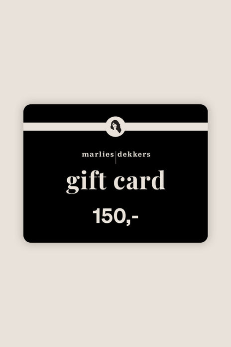 Black gift card with white text on a beige background