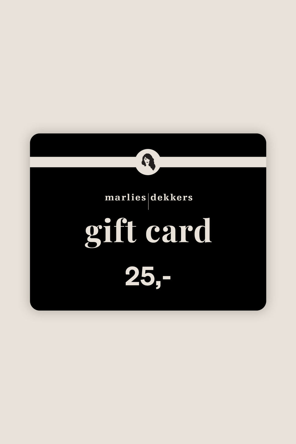 Black gift card with white text on a beige background