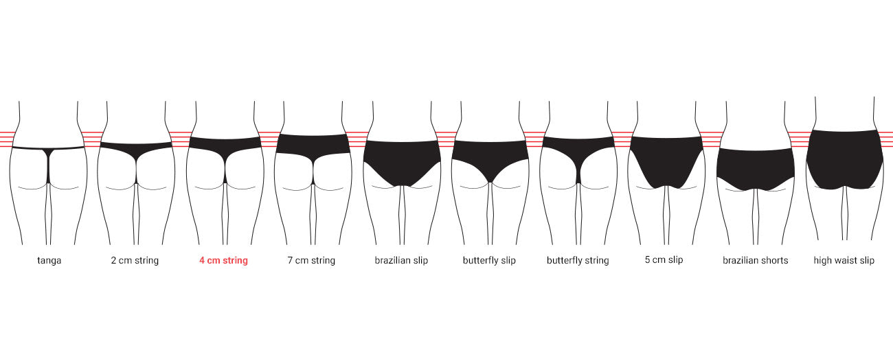 Comparison of 11 back-coverage underwear styles, highlighting the 4 cm string in red to show fit and waistband width.