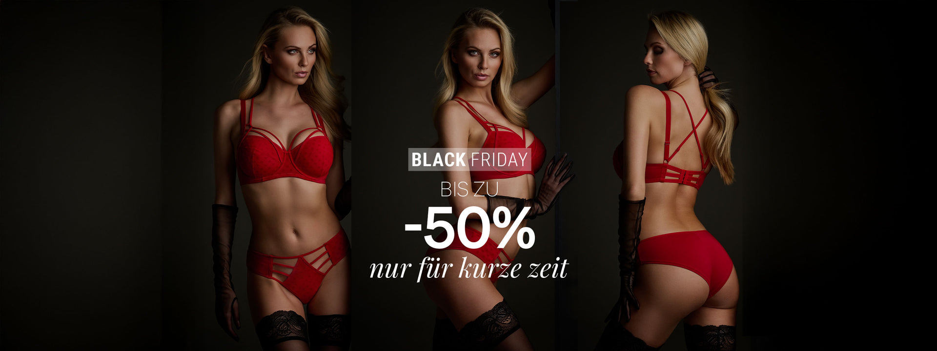 Woman in the art of love red heart lingerie from marlies|dekkers with Black Friday sale text on a dark background for black friday deals