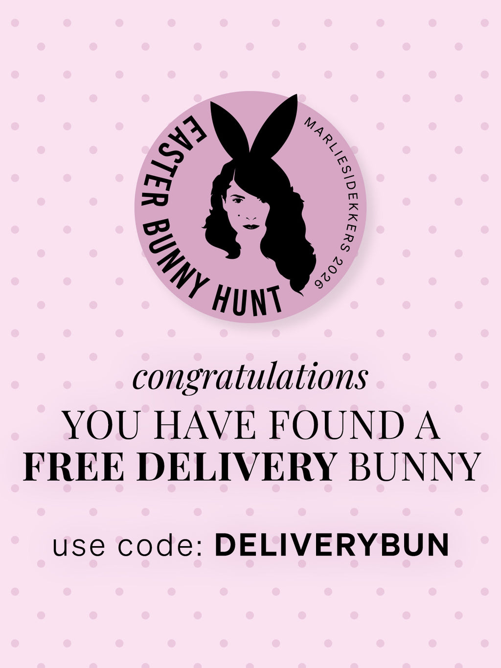 Promotional graphic for a 'Free Delivery Bunny' offer with a logo and text on a pink polka dot background.