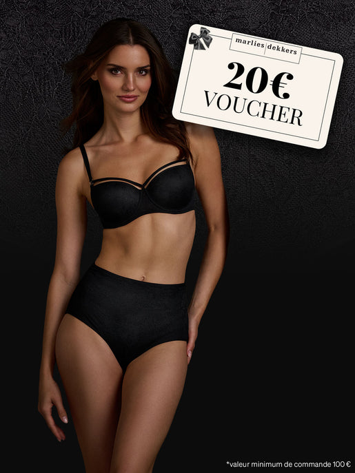 Woman wearing black lingerie with a 20€ voucher displayed on a dark background