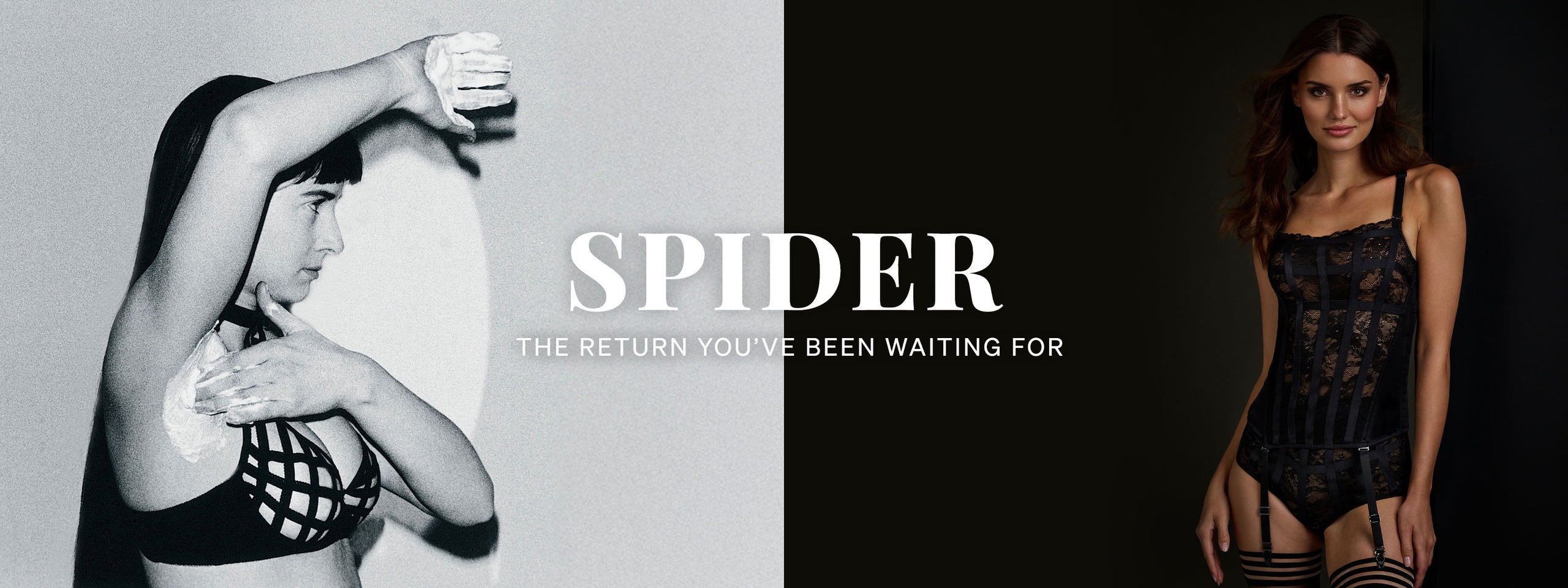 Two women modeling lingerie with 'SPIDER' branding on a black and white background.