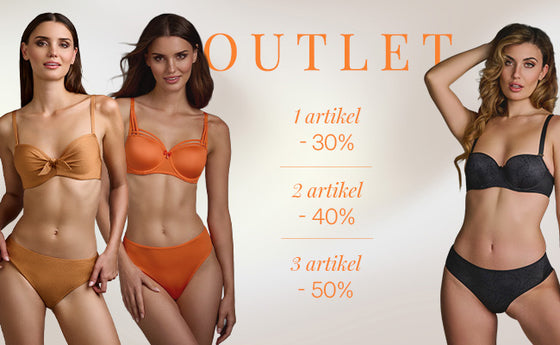 Three women modeling in lingerie and swimwear sets in black, gold and orange against a light beige background, with large orange text reading 'OUTLET'