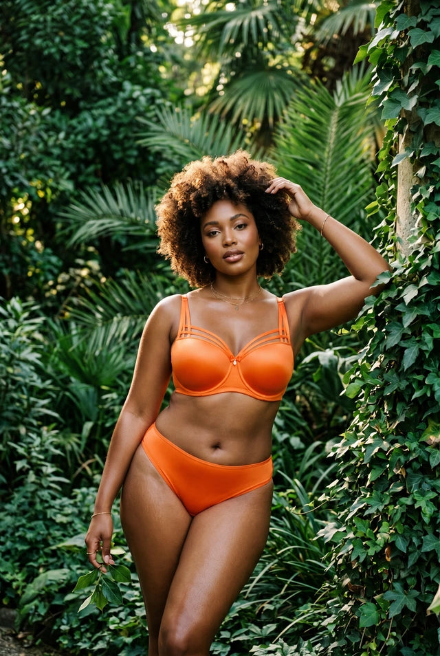 Tinted skin model wearing the Dame de Paris orange heat lingerie set standing in a lush green forest