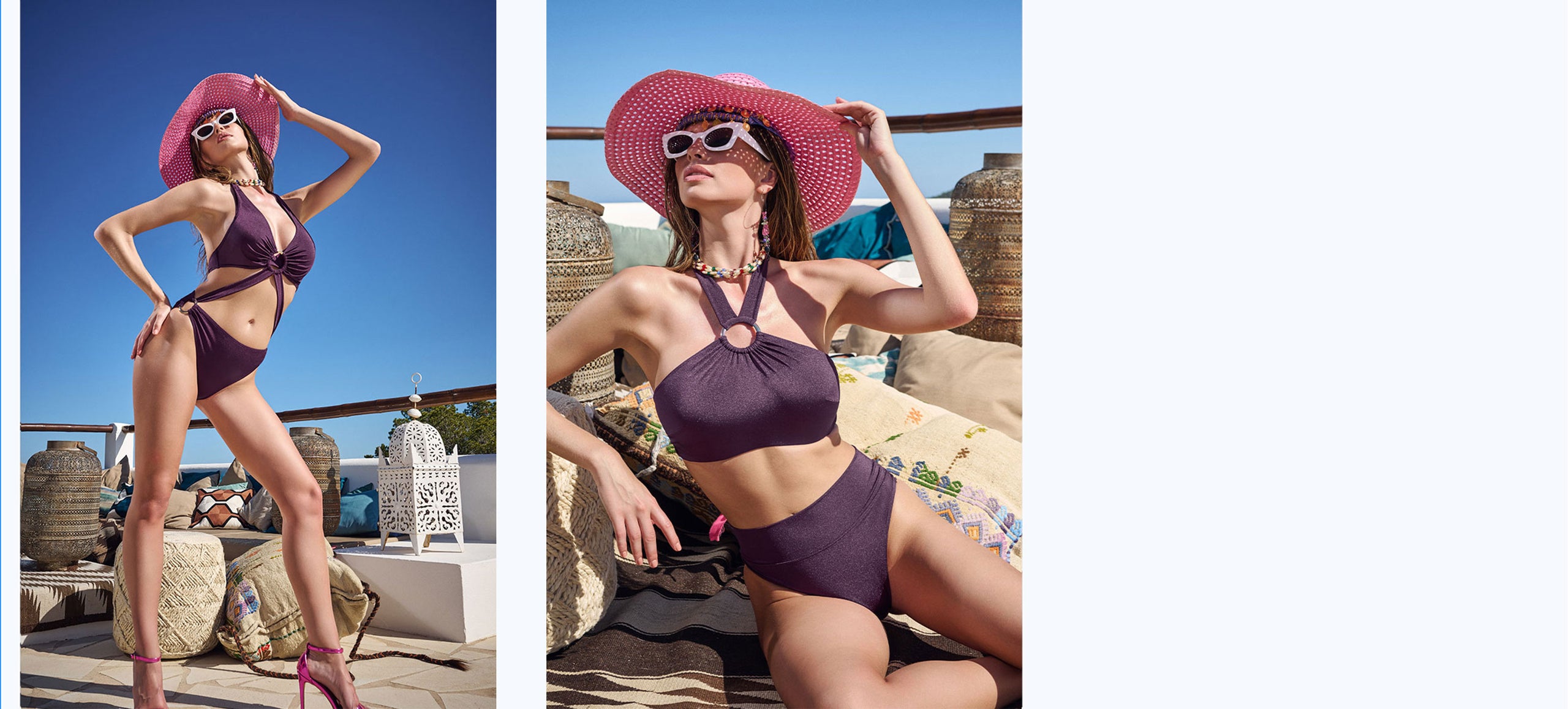 Woman in a purple Marlies Dekkes Tanit bikini and sun hat on a beach setting