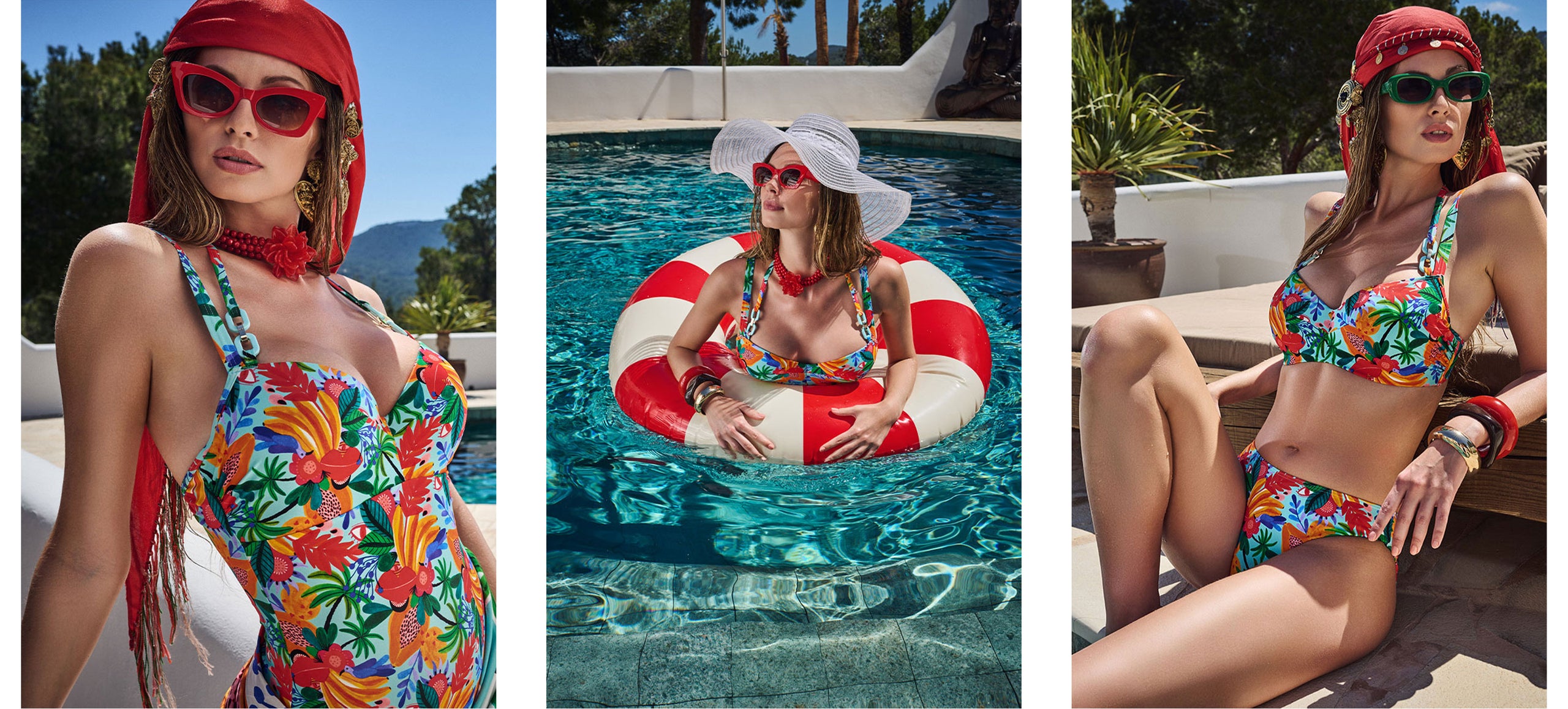 Woman in Paradisa marlies dekkers bathingsuit and headscarf posing by a pool and outdoors.