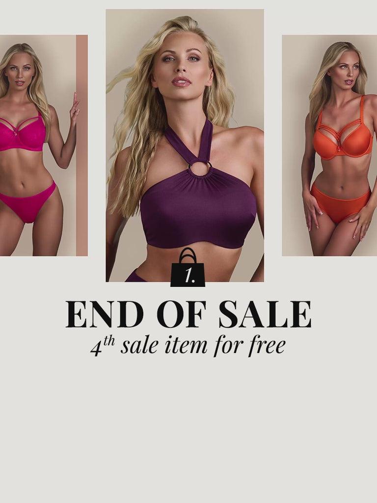 End of sale banner with multiple models wearing the lingerie & swimwear sets of marlies dekkers in pink, purple and orange