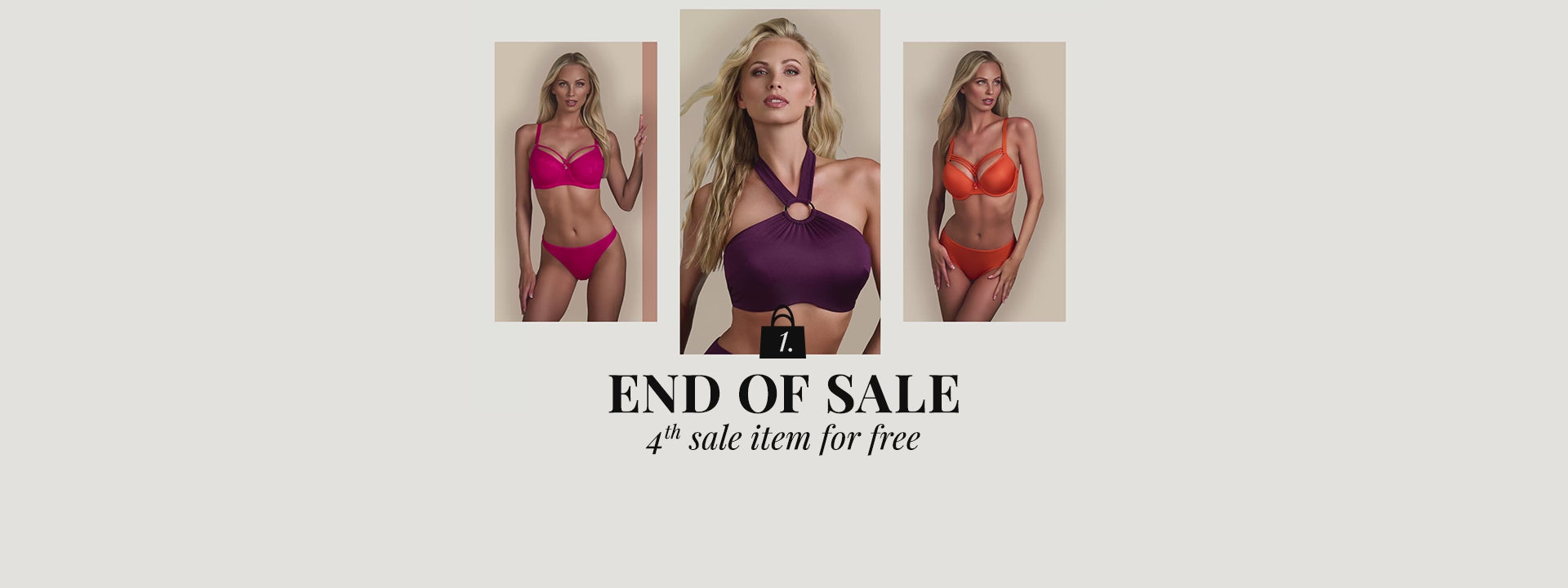 End of sale banner with multiple models wearing the lingerie & swimwear sets of marlies dekkers in pink, purple and orange