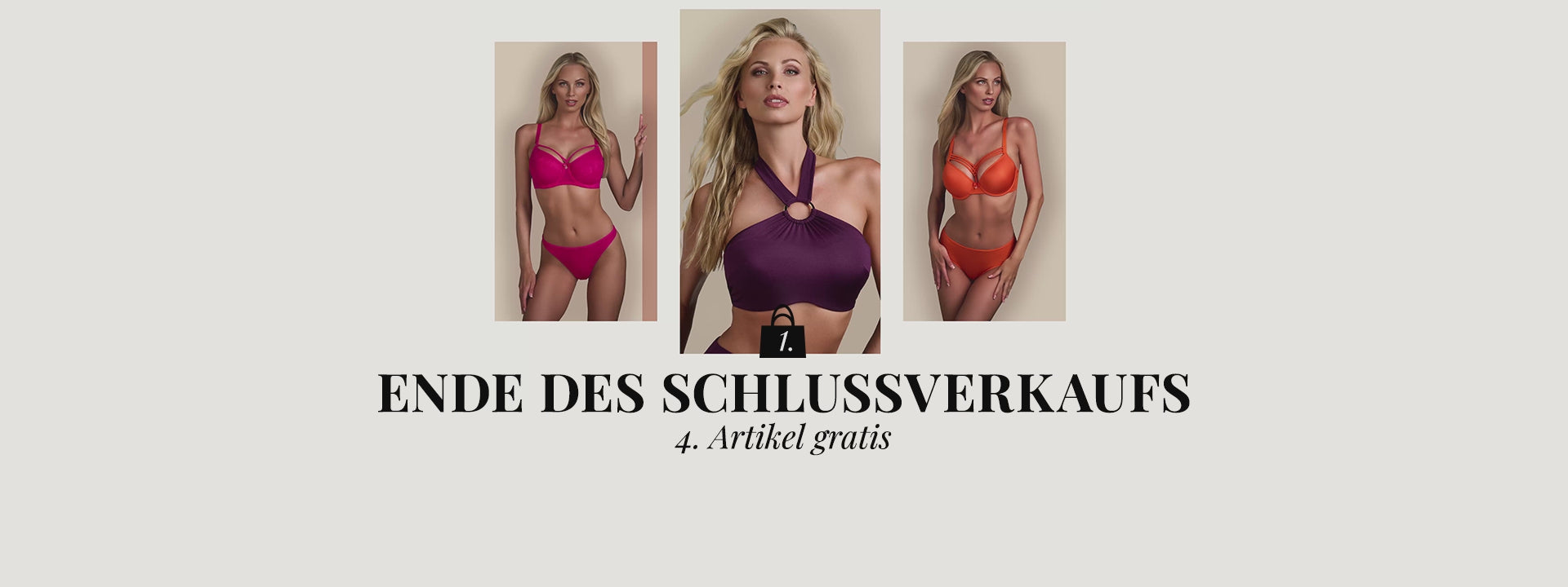 End of sale banner with multiple models wearing the lingerie & swimwear sets of marlies dekkers in pink, purple and orange