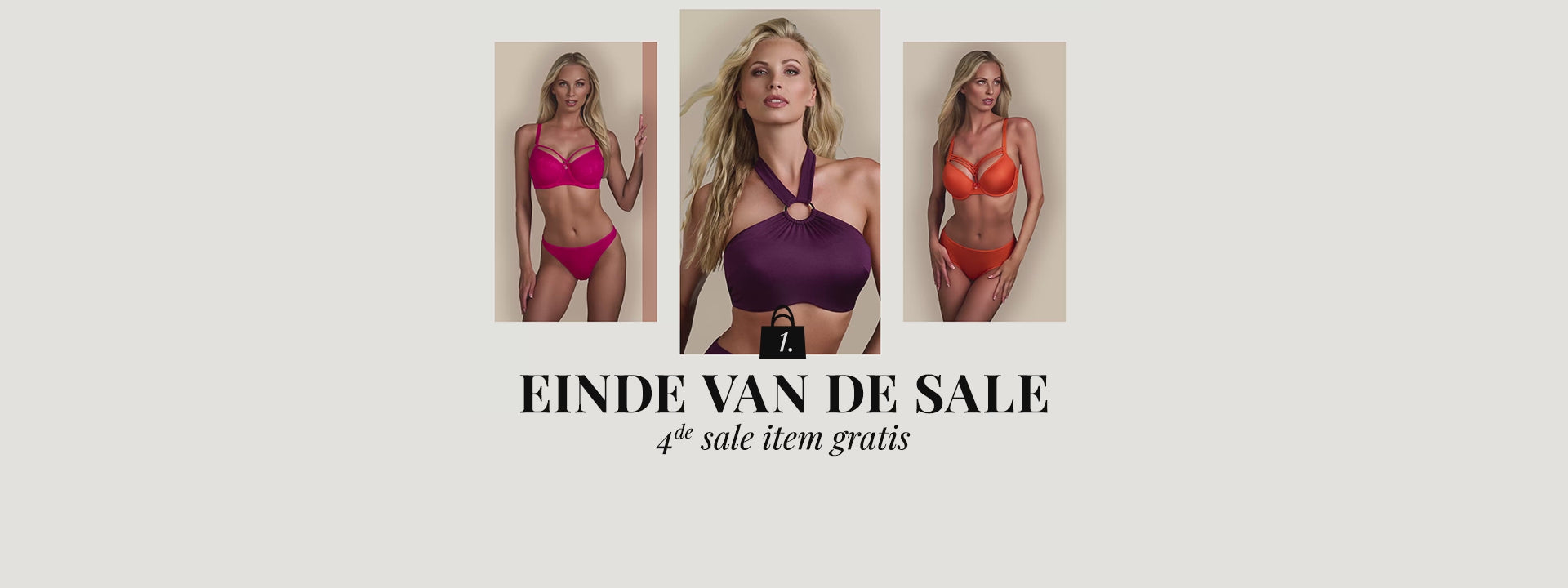 End of sale banner with multiple models wearing the lingerie & swimwear sets of marlies dekkers in pink, purple and orange