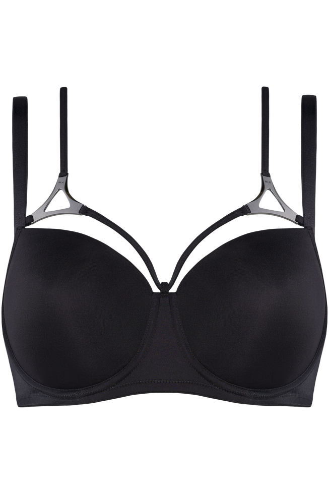Upgrade your lingerie collection with this black balcony bra. The unique straps that decorate the cups are finished with beautiful silver triangle details. Extra straps were added on the back and add a cross-shape.  The padding of this black bra gives you extra support, and wires enclosing the entire breast create a modest cleavage. Be as stylish as you've always wanted to be in this triangle black gunmetal bra.