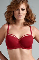 Steal the show in this sparkling red balcony bra. The Sparkly fabric is sprinkled with shinny laminated glitters and it contrasts beautifully with your skin tone. The playful straps on top of the cups adorn your décolleté. The padding of this red bra gives you extra support, and wires enclosing the entire breast create a modest cleavage. Look to its matchy-matchy bottoms to complete the set and start shining.