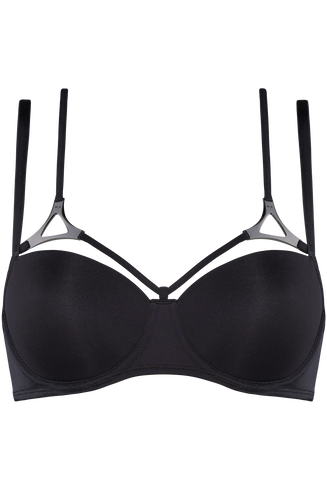 Upgrade your lingerie collection with this black balcony bra. The unique straps that decorate the cups are finished with beautiful silver triangle details. Extra straps were added on the back and add a cross-shape.  The padding of this black bra gives you extra support, and wires enclosing the entire breast create a modest cleavage. Be as stylish as you've always wanted to be in this triangle black gunmetal bra.