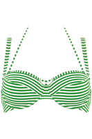 With this gorgeous green ivory bikini top you're ready for some palm trees and ocean breeze. A uniquely striped green and ivory pattern celebrates your female curves and timeless beauty. Padding gives you extra support. Wires enclosing the breasts partially create a deep décolleté. Choose this green with ivory striped bikini top for a delightful revealing look.