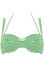 With this gorgeous green ivory bikini top you're ready for some palm trees and ocean breeze. A uniquely striped green and ivory pattern celebrates your female curves and timeless beauty. Padding gives you extra support. Wires enclosing the breasts partially create a deep décolleté. Choose this green with ivory striped bikini top for a delightful revealing look.