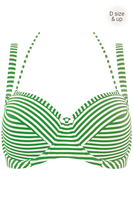 With this gorgeous green ivory bikini top you're ready for some palm trees and ocean breeze. A uniquely striped green and ivory pattern celebrates your female curves and timeless beauty. Padding gives you extra support. Wires enclosing the breasts partially create a deep décolleté. Choose this green with ivory striped bikini top for a delightful revealing look.